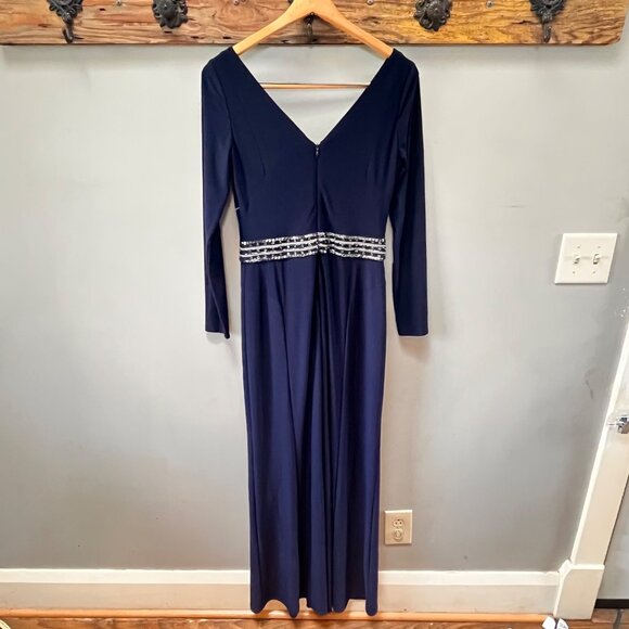 Lauren Ralph Lauren Navy Evening Gown With Beaded Waist &‎ Long Sleeves Size 4 - Picture 4 of 5